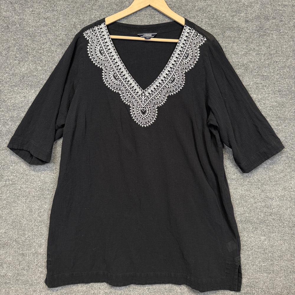 Lands' End Size 1X 16W-18W Tunic Top Cover Up Navy Cotton Embroidered Neckline